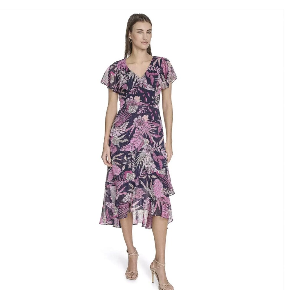 🆕 Harper Rose Navy, Purple & Pink Flutter Sleeve Midi Dress | Size 10 | 5601